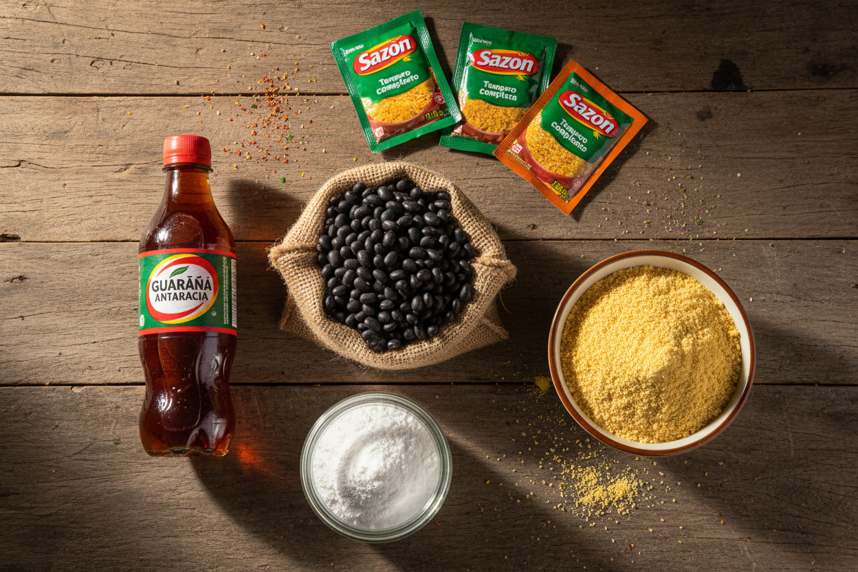 Die 5 wichtigsten brasilianischen Küchenzutaten: Feijão, Farofa, Polvilho, Tempero und Guaraná (KI-generiertes Bild)