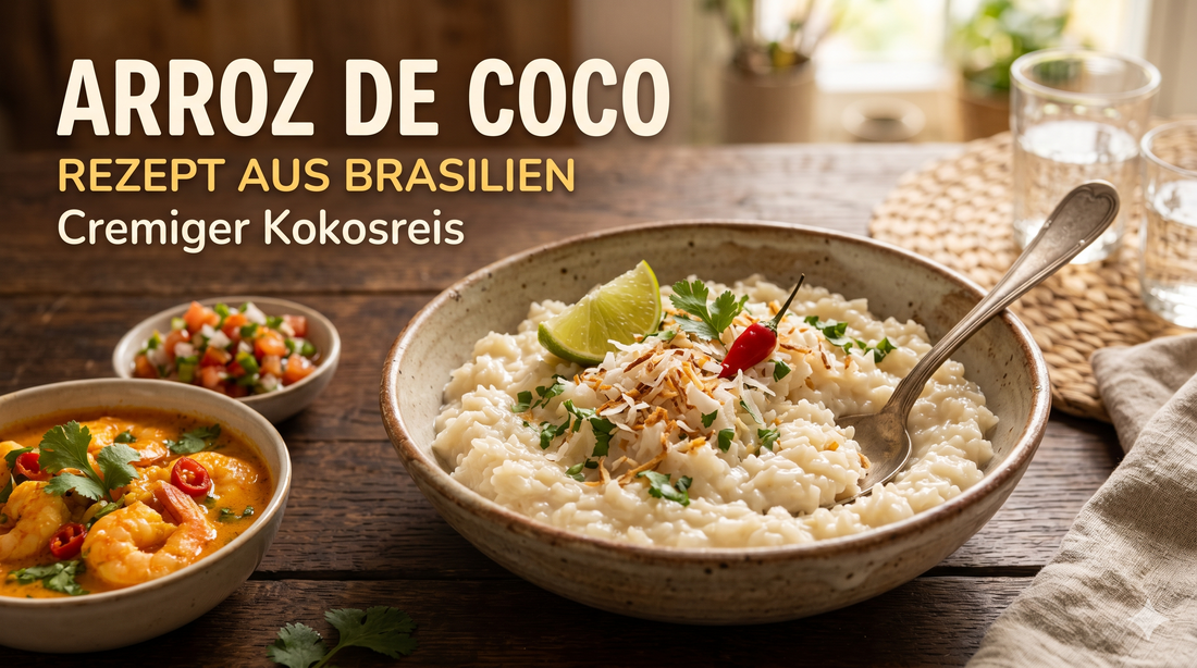 Arroz de Coco – cremiger brasilianischer Kokosreis mit Kokosmilch in einer Schüssel, garniert mit gerösteten Kokosraspeln