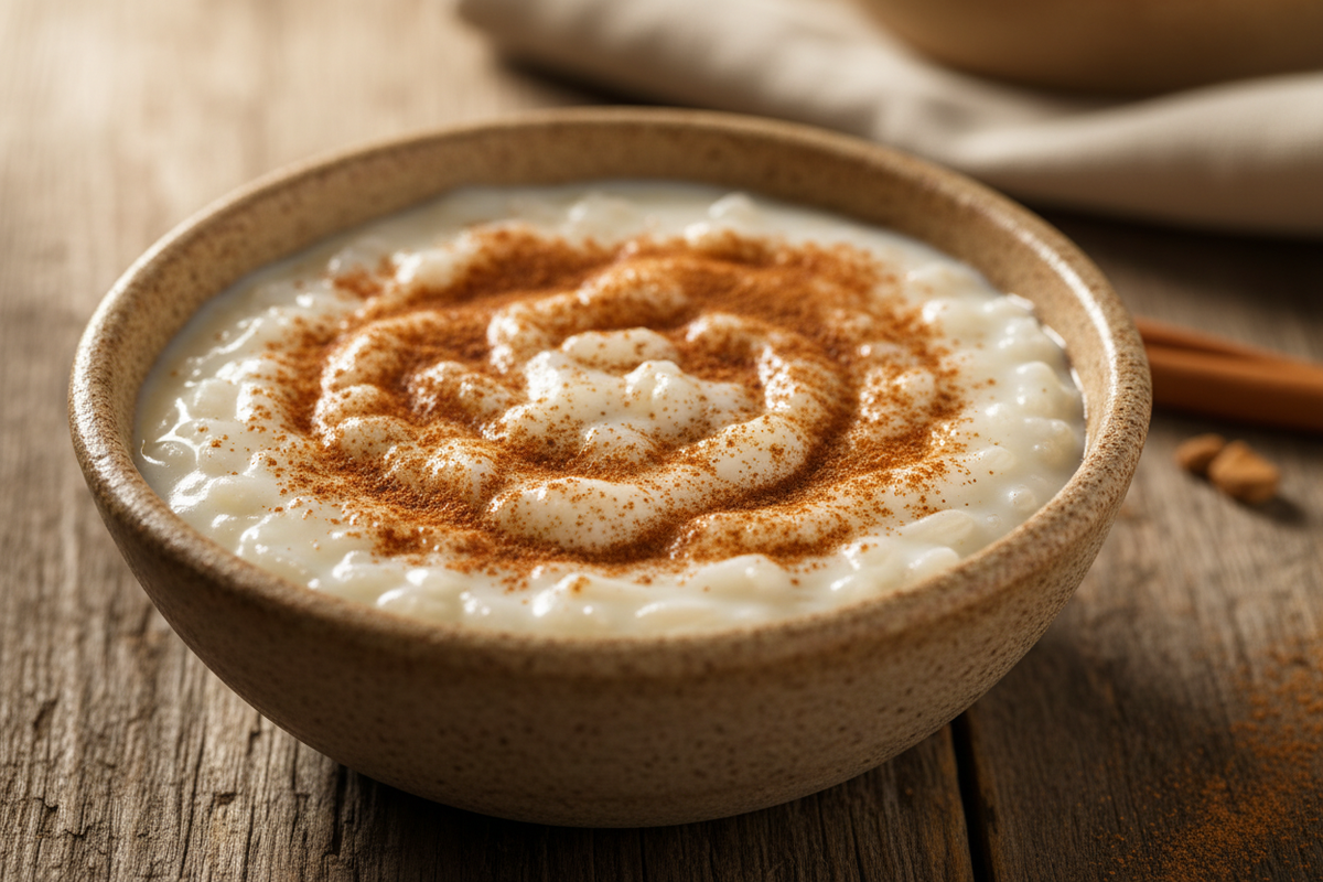 Arroz com Leite – brasilianischer Milchreis in einer Keramikschale mit gemahlenem Zimt