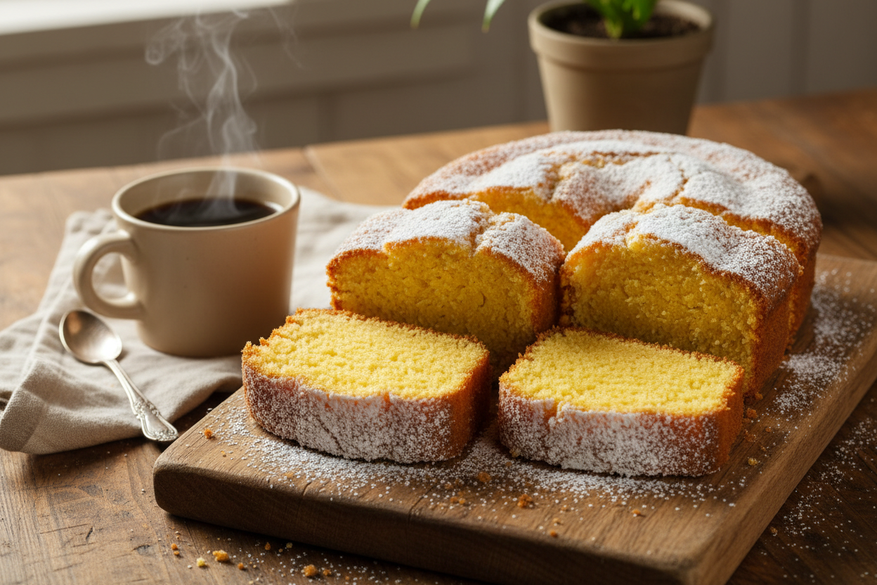 Bolo de Fubá – brasilianischer Maismehlkuchen, goldgelb angeschnitten auf einem Holzbrett mit einer Tasse Kaffee