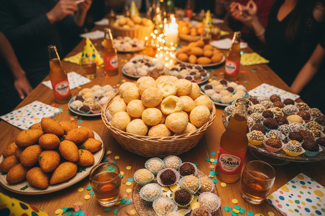 Brasilianische Party-Snacks: Pão de Queijo, Coxinha, Brigadeiro und Docinhos auf einer Festtafel (KI-generiertes Bild)