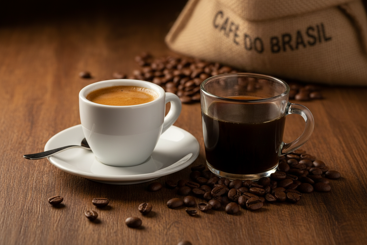 Brasilianischer Kaffee vs. Espresso – zwei Tassen nebeneinander mit Kaffeebohnen auf einem Holztisch