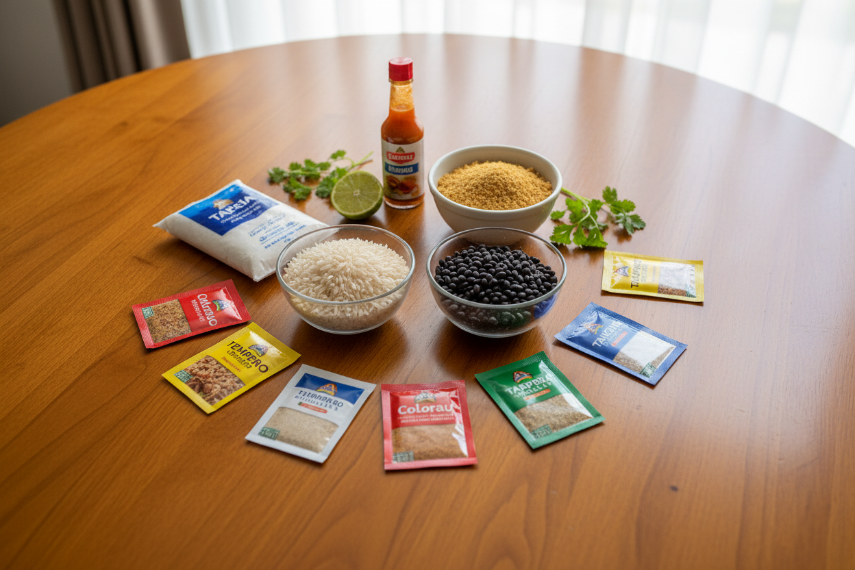 Brasilianisches Küchen-Starter-Set: Reis, Bohnen, Farofa, Tempero, Pfeffersauce und Polvilho Azedo (KI-generiertes Bild)