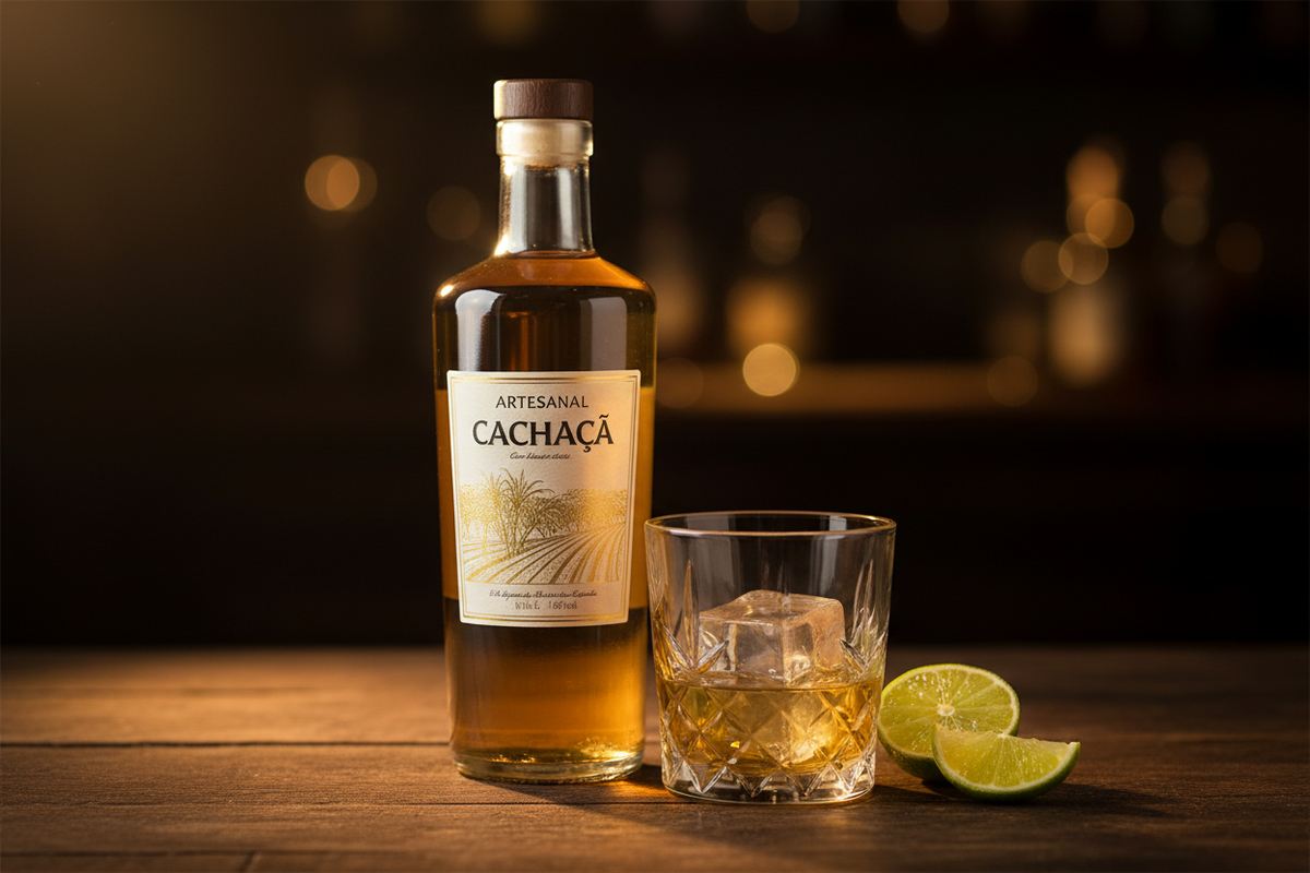 Cachaça richtig lagern und servieren – Flasche Artesanal-Cachaça mit Tumbler-Glas und Limette auf Holztisch