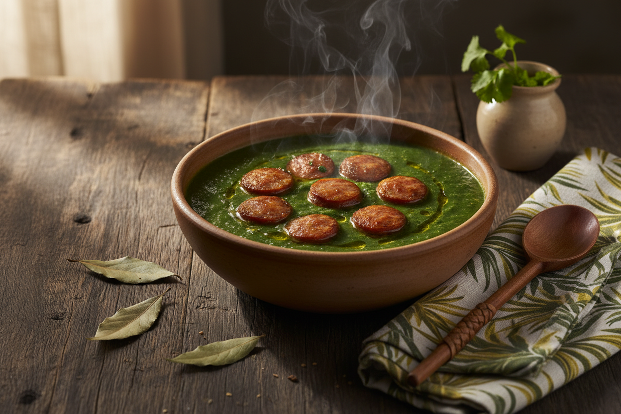 Caldo Verde Brasileiro – Cremige brasilianische Grünkohlsuppe mit Linguiça in einer Keramikschüssel (AI)
