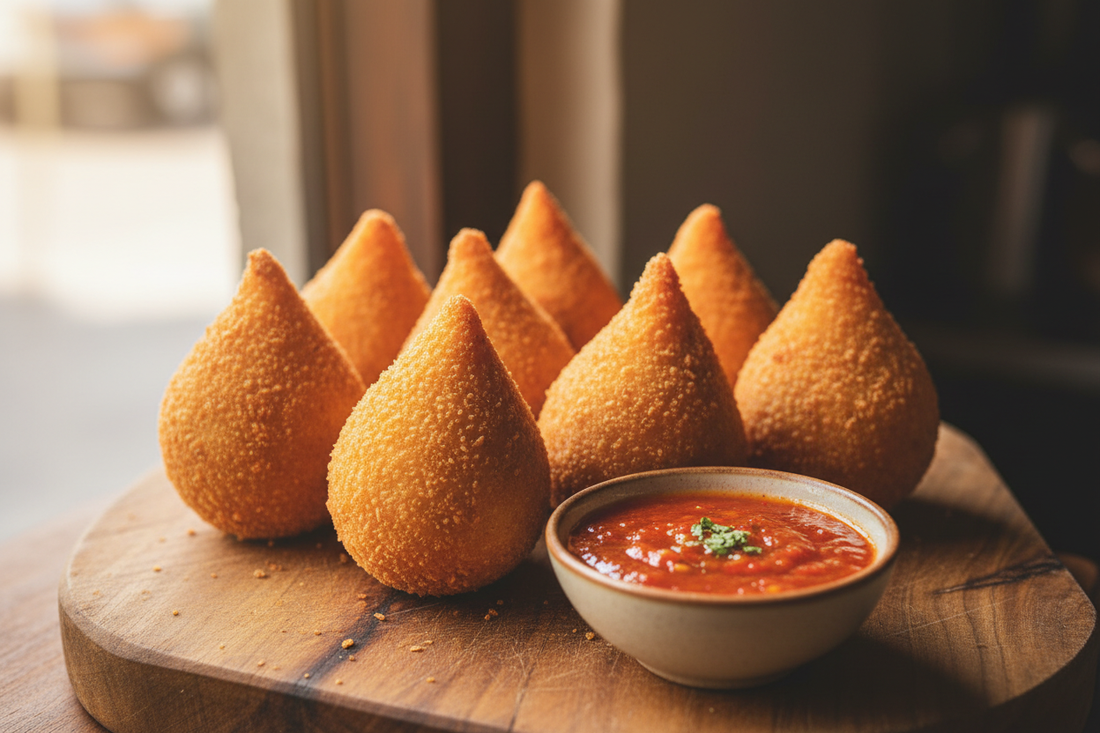 Coxinha – Goldbraune brasilianische Hähnchen-Kroketten mit Pfeffersauce (KI-generiertes Bild)