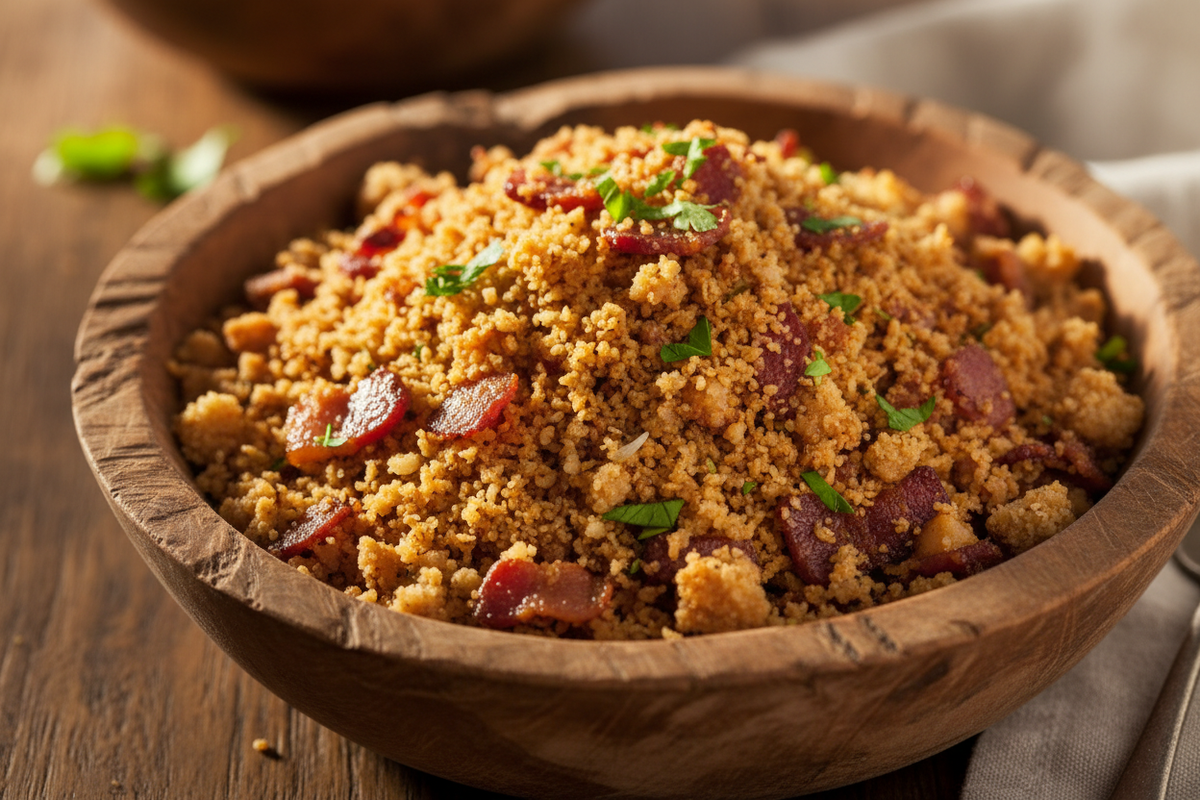 Farofa – brasilianisches gebratenes Maniokmehl mit Speck und Petersilie in einer Holzschüssel