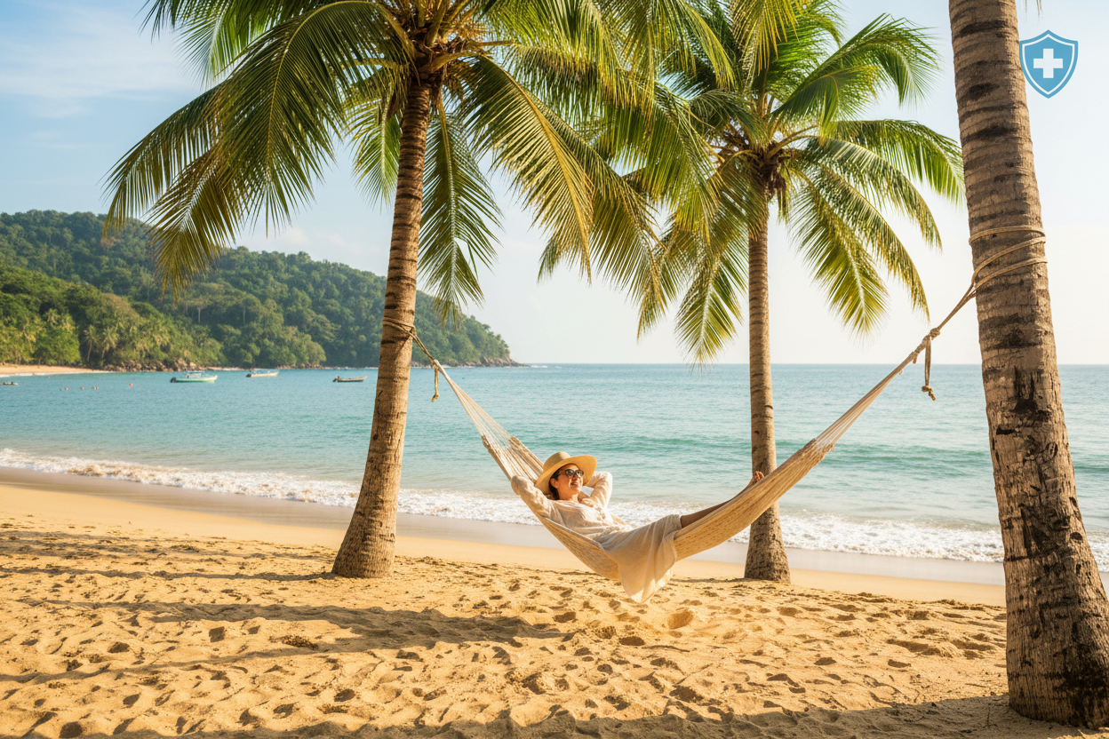 Sonniger Strand in Brasilien mit Palmen und türkisblauem Meer – Symbol für Langzeitreisen und Reisekrankenversicherung