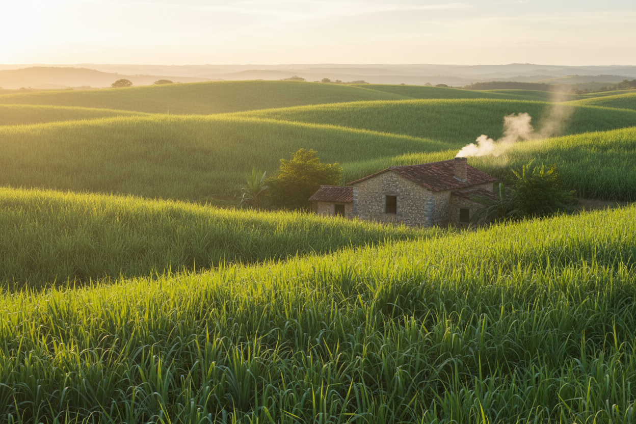 Grünes Zuckerrohrfeld in Minas Gerais, Brasilien, bei goldenem Abendlicht – traditionelle Cachaça-Brennerei im Hintergrund, Heimat des Santo Grau Artesanal-Cachaça.