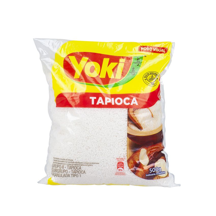 Yoki Tapioca Granulada granulierte Tapioka im transparenten 500-g-Beutel mit gelb-rotem Etikett
